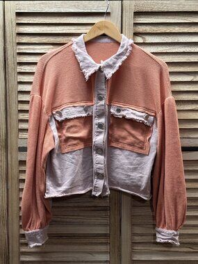 Chou Yatou Patchwork Crop Button Up Shacket Pink Peach Frayed Hem Size M